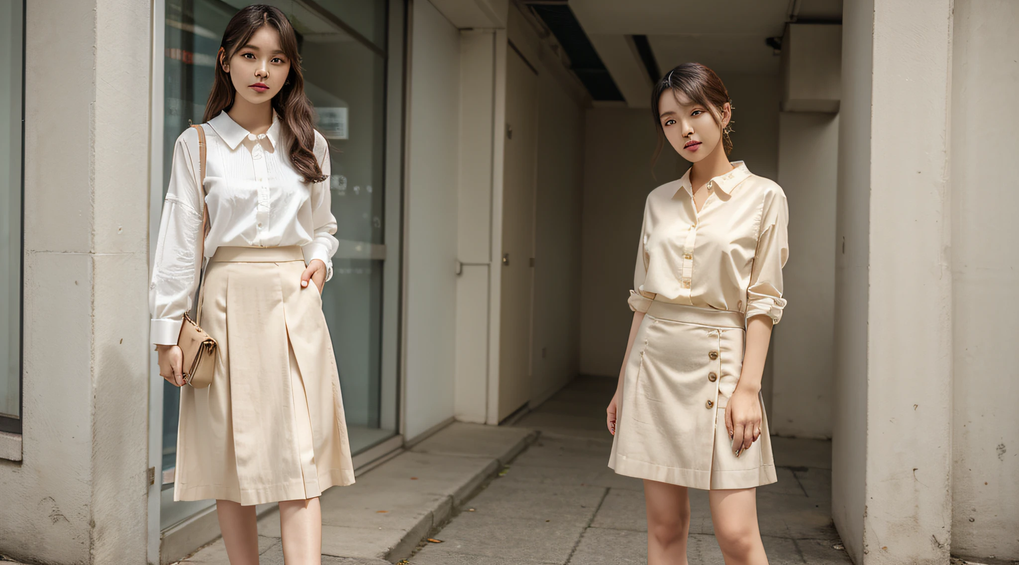 a girl, 25 years old, standing on a sidewalk, wearing a skirt and blouse,Retro Fashion, korean women's fashion model, casual clothing style, with white trendy clothes, trendy clothes, beige colors,  style, dressed with long fluent clothes, gorgeous young korean woman, midi skirt, casual modern clothing, korean girl, wide skirts, ulzzang, ad image