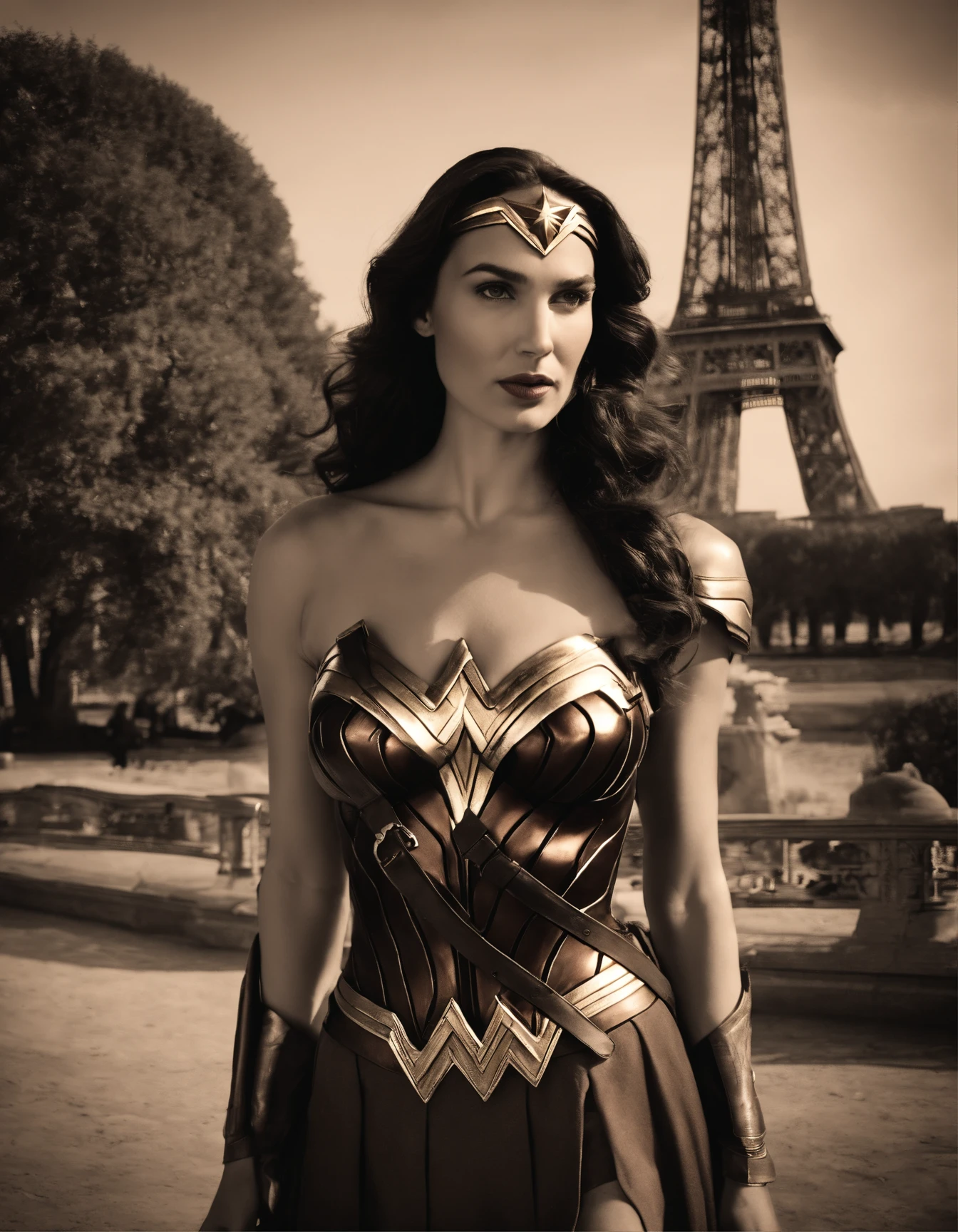 Documentary style, First appearance of Gal Gadot dressed as Wonder Woman at Paris World Fair 1889, Victorian Futurism daguerreotype, sepia tone, used and etched and grainy film, very detailed faces and features, style raw