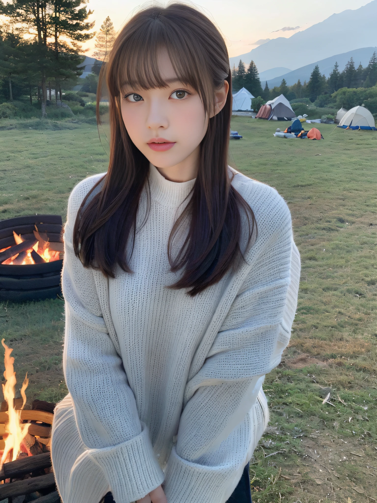 (top-quality、8K、32K、masterpiece、nffsw:1.2)、Photo of a cute Japanese woman、女の子 1 人、(Medium short dark brown hair)、(small tits)、二重まぶた、camping at the foot of the mountain. Fuji、tome'White breath leaks in cold seasons and winter.、bend down in front of the bonfire, But I held out my hand to get warmer.