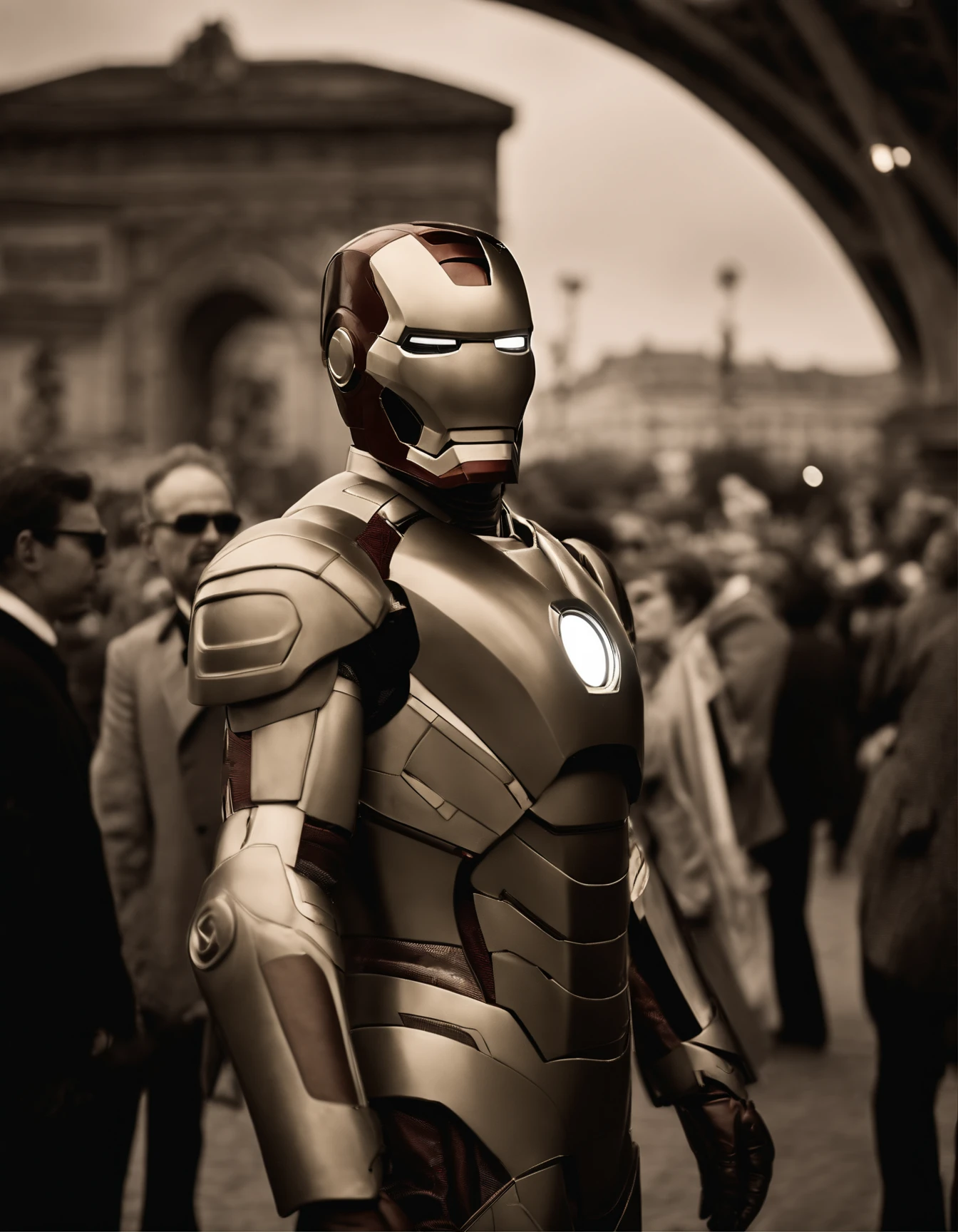 Documentary style, First appearance of Robert Downey Jr. dressed as Iron Man at Paris World Fair 1889, Victorian Futurism daguerreotype, sepia tone, used and etched and grainy film, very detailed faces and features, style raw