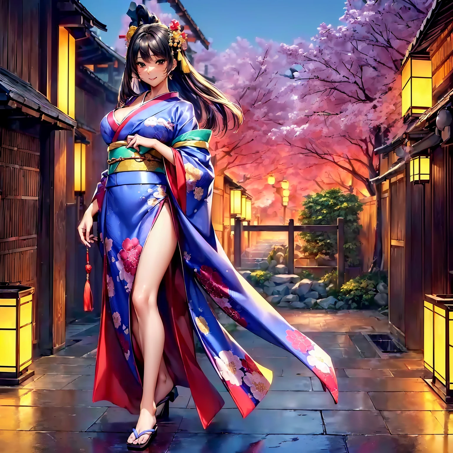 (top-quality、masterpiece、very high res、Ultra high resolution/high image quality detail 1.5)、One woman with perfect and ultimate beauty(18 years old 1.5)、Realistic portraits、Beautiful breasts with a slender body shape(F Cup 1.5)、Beautiful body、美丽的面容、Beautiful hair、Realistic textured skin and、Wearing a beautiful Japanese kimono、Kimono comes with colors and patterns、Bright smile、Hair flutters under the influence of the wind、Japanese garden with beautiful cherry blossoms at night、Mysterious night sky、Beautiful Landscapes、(accurate detail、the detailed images、Accurate images、Perfect Image 1.5)、、beautiful anime woman, Beautiful Art Style, an animated character、The whole picture、Detailed picture、accurate anatomy、Defect-free images、natural soft light、beautiful image、extremely detailed picture、(Best Shot 1.2)