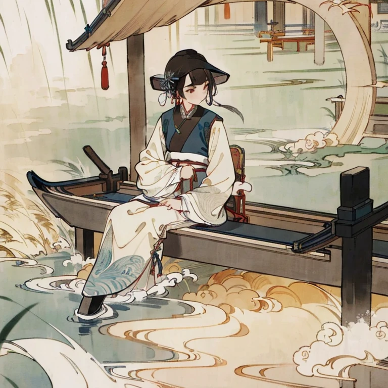 ((4K,tmasterpiece,Best quality at best)), water ink, Traditional chinese painting, Reeds,little bit of raining,Hanfu, , Dress conservatively 1girl, Alone, cabelos preto e longos, Sitting in the boat, Hand touching reed