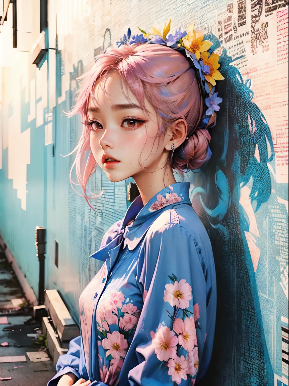 kpop girl, kind, energetic, enthusiastic, pop culture, wears blue dress, wears 3flower on her hair( pink tied messy pointy long hai)r,