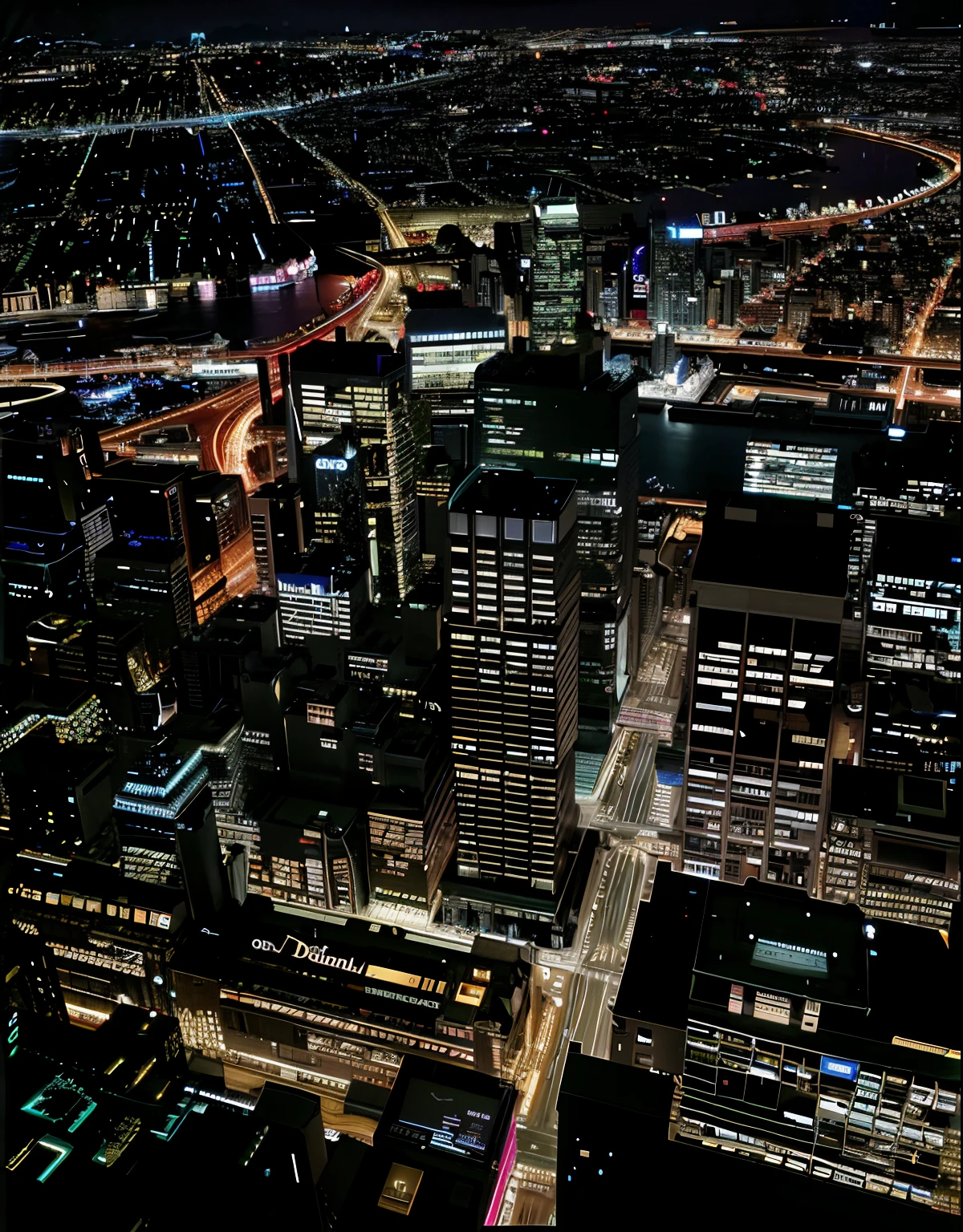Aerial view of a city with skyscrapers and lights at night, The power of visual effects in the city at night, Night video, busy cityscape, Helicopter footage taken over the city, The city at night, Very detailed night cityscape, Illuminated from above, Vivid lights at night, neon lights in the city below, night life buildings, Vivid and detailed