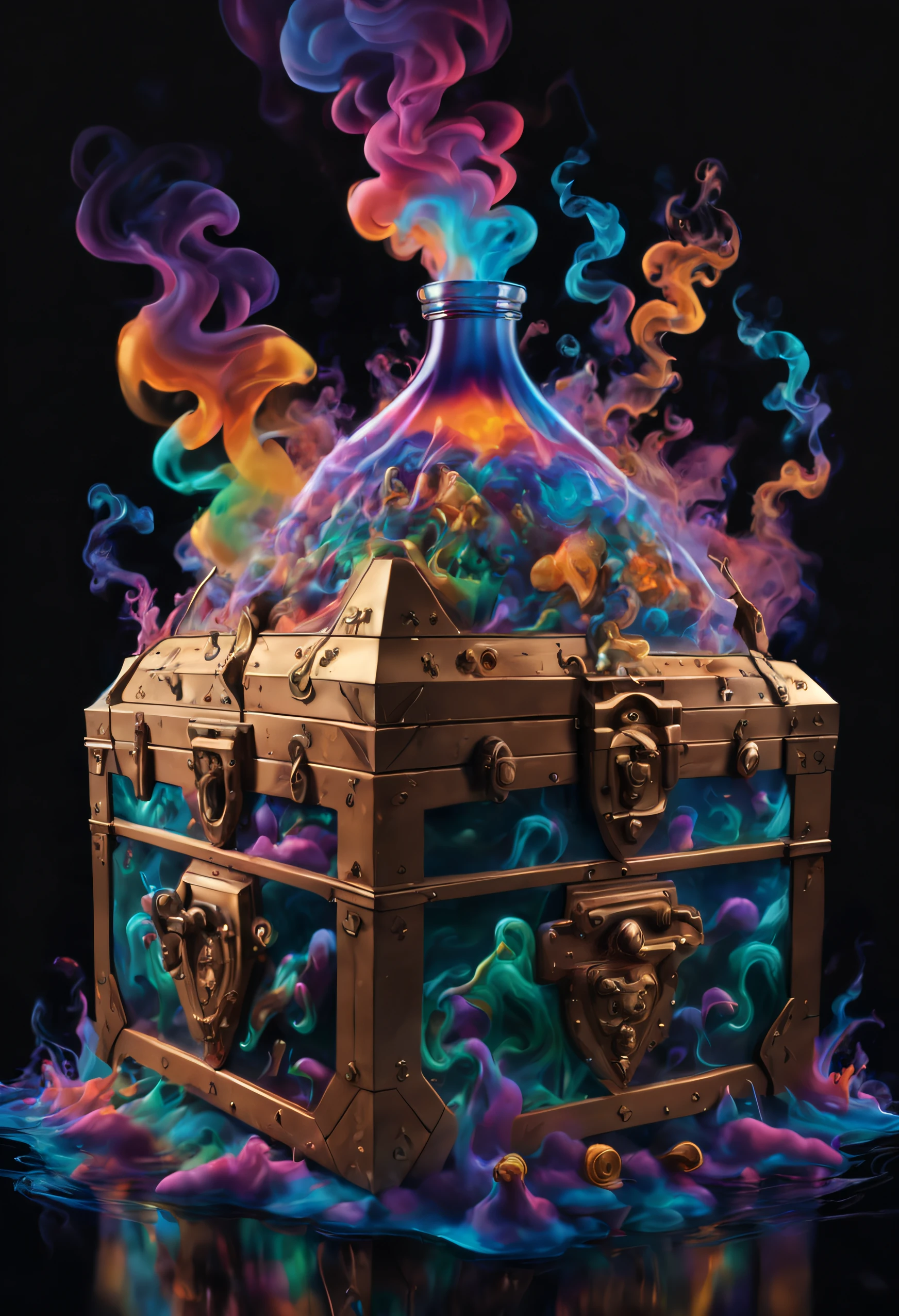 photorealistic movie still of a water, treasure chest, smoke, no humans, black background, liquid, gradient background, 10k high resolution, psychedelic trip,