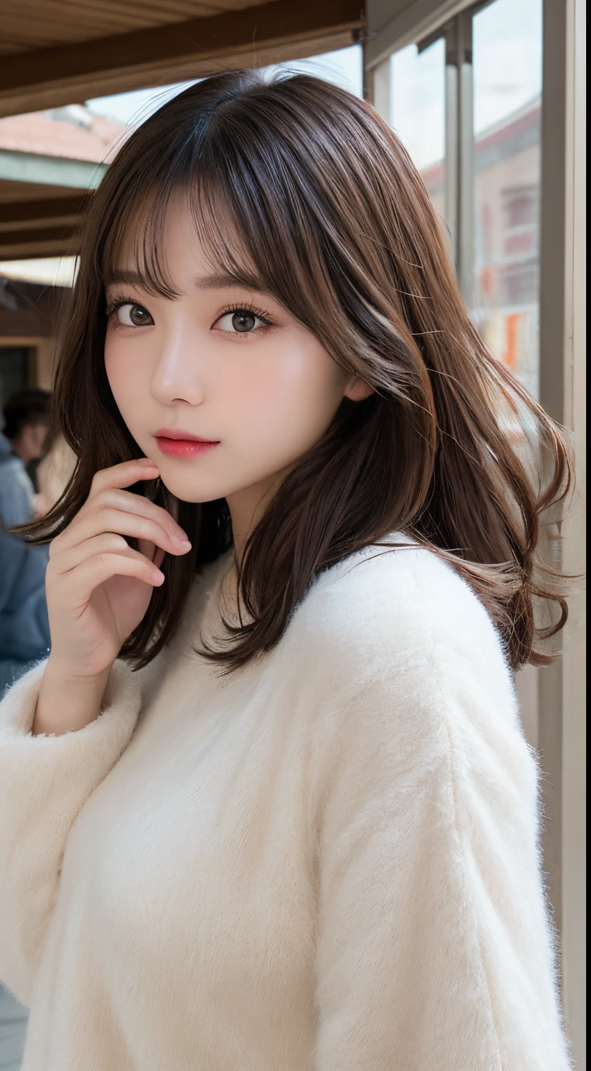 masutepiece, Best Quality, Illustration, Ultra-detailed, finely detail, hight resolution, 8K Wallpaper, Perfect dynamic composition, Beautiful detailed eyes, Women's fashion fluffy winter clothes,Medium Hair,Small breasts natural color lip, Bold sexy poses、20 years girl、Cute、Sexy shot looking at camera,Raw photo