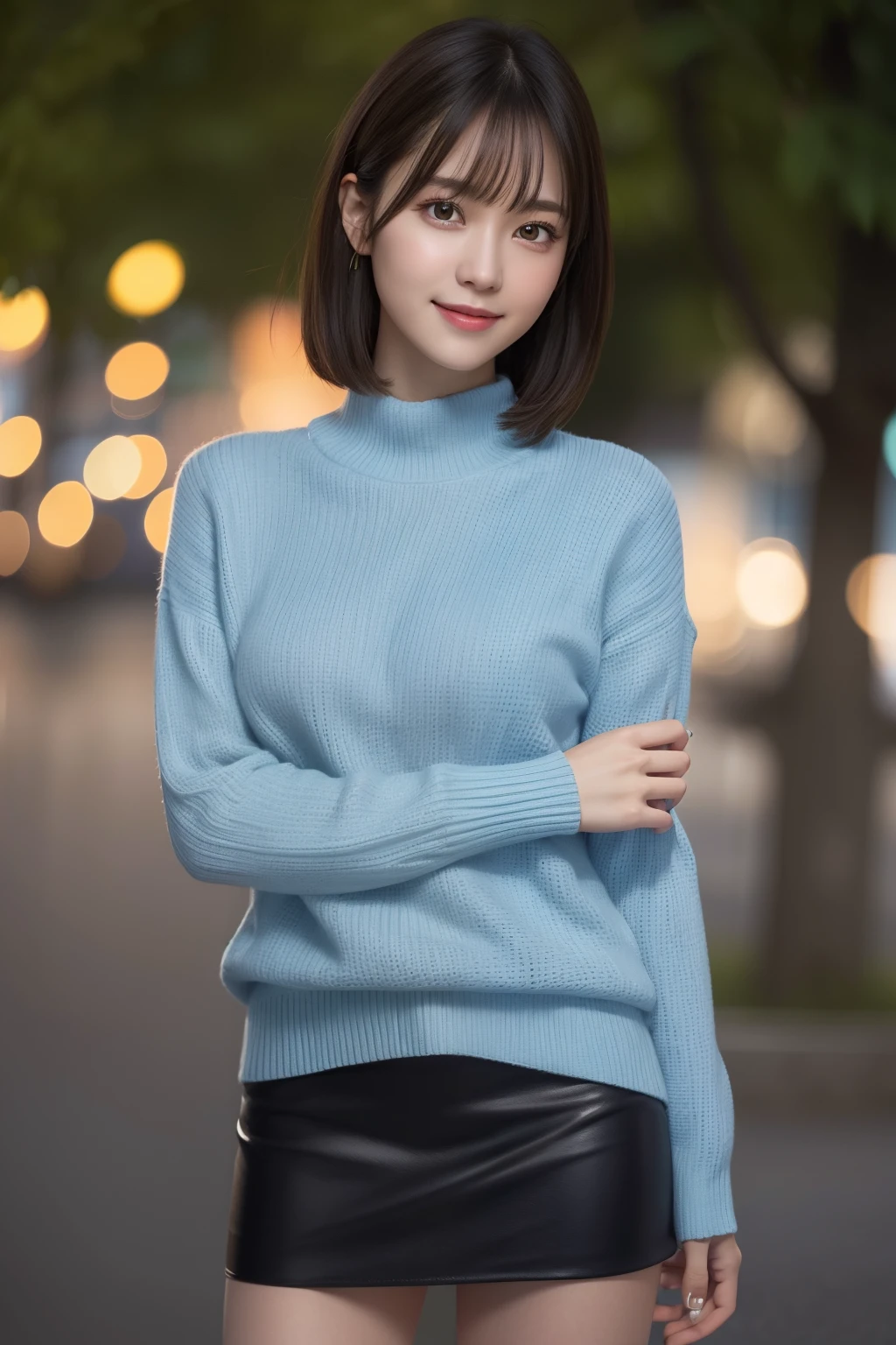 (RAWE: 1.2), (Photorealistic: 1.4), (Best Quality: 1.4), Ultra High Resolution, (Detailed eyes), (detailed facial features), (Detailed clothing features), nffsw, 8K resolution, Solo Focus, Bangs, skin tightening, (Slender girl), Dreamy, (Ultra-fine illustration), landscape, No text, medium breasts⁩, Straight hair, Short hair, Dark hair, Dark eyes, One girl, Full body, a miniskirt, background night park, AngelT, light blue tight sweater, Cute, Sexy, (Smile)