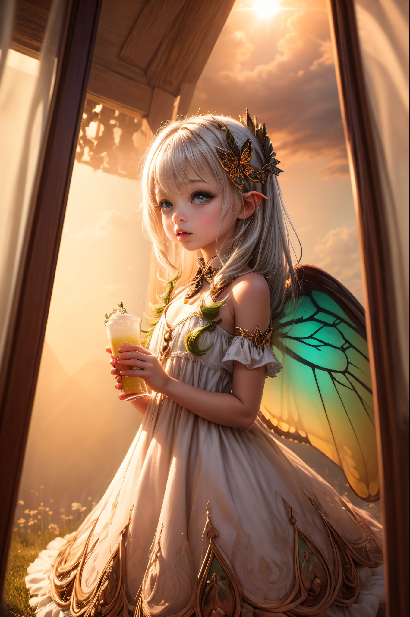 "((Innocent)) girl, golden hour, dreamy meadow, ethereal, whimsical, flowing dress, soft sunlight, enchanting, butterfly wings, (pastel clouds), liquid reflections