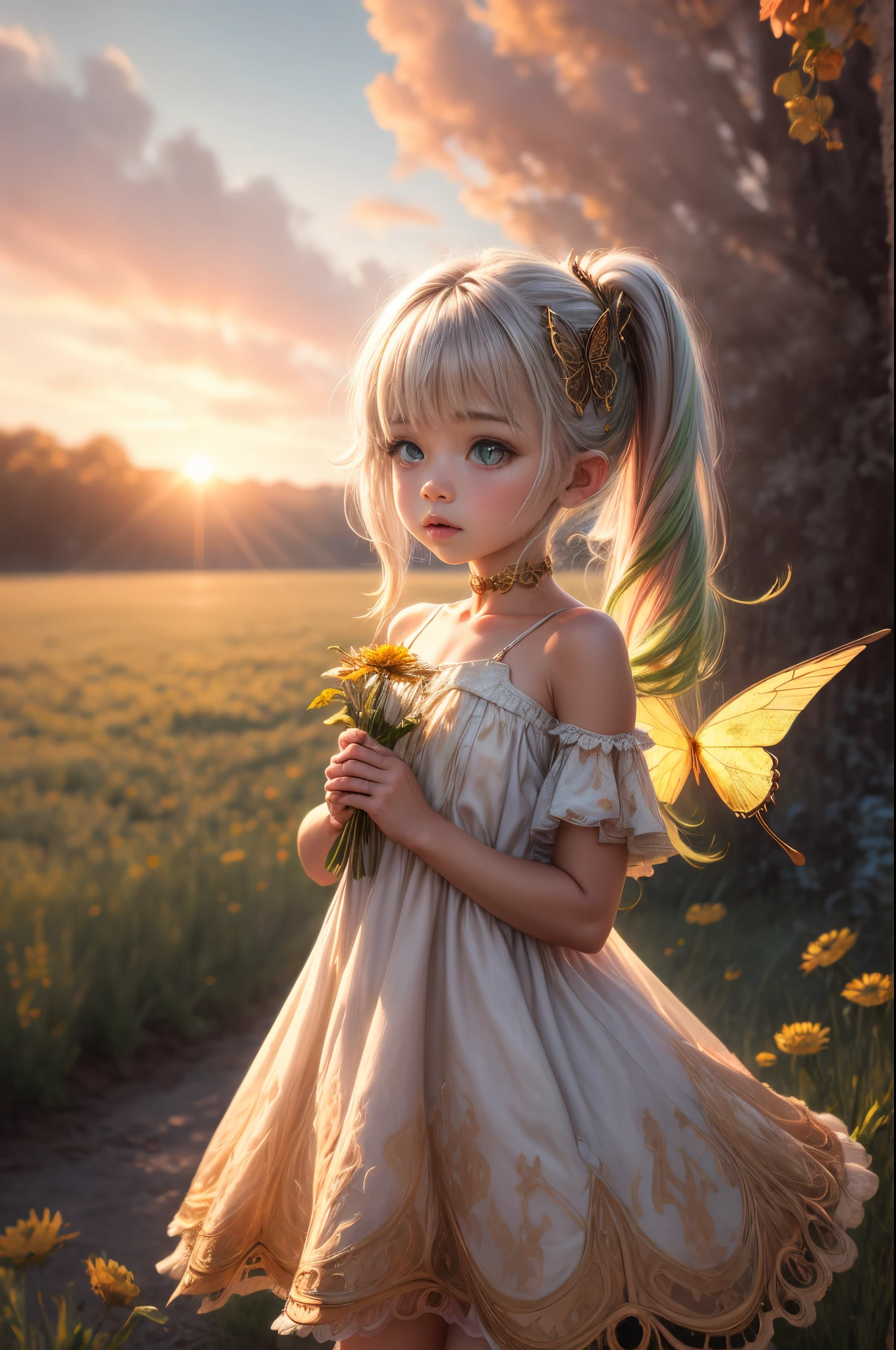 "((Innocent)) girl, golden hour, dreamy meadow, ethereal, whimsical, flowing dress, soft sunlight, enchanting, butterfly wings, (pastel clouds), liquid reflections