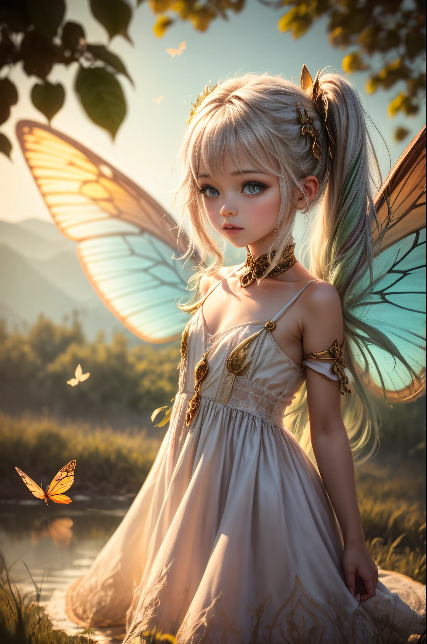 "((Innocent)) girl, golden hour, dreamy meadow, ethereal, whimsical, flowing dress, soft sunlight, enchanting, butterfly wings, (pastel clouds), liquid reflections