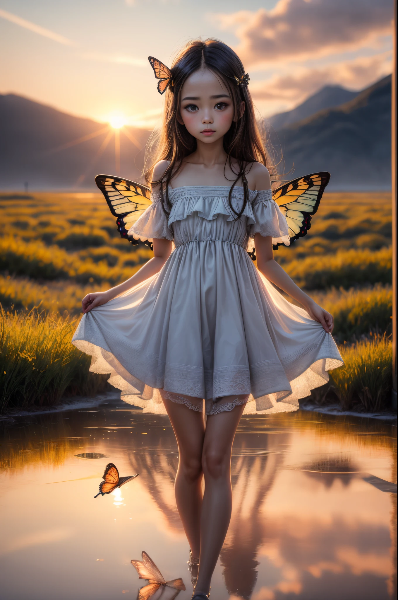 "((Innocent)) girl, golden hour, dreamy meadow, ethereal, whimsical, flowing dress, soft sunlight, enchanting, butterfly wings, (pastel clouds), liquid reflections