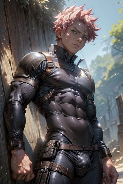 ((Best Quality, 8K, ultra-detailed, Masterpiece: 1.3)), 1boy Natsu Dragneel , shiny skin, sharp, Perfect Body Beauty, realistic shaded perfect body, (cute baby face:1.1),("bodysuit, big bulge ":1.2),("leggins , armor":1.1),("glove, armor":1.1 ),(techwear)(dynamic pose:1.1), thigh , battle field , (bulge focus:1.2)