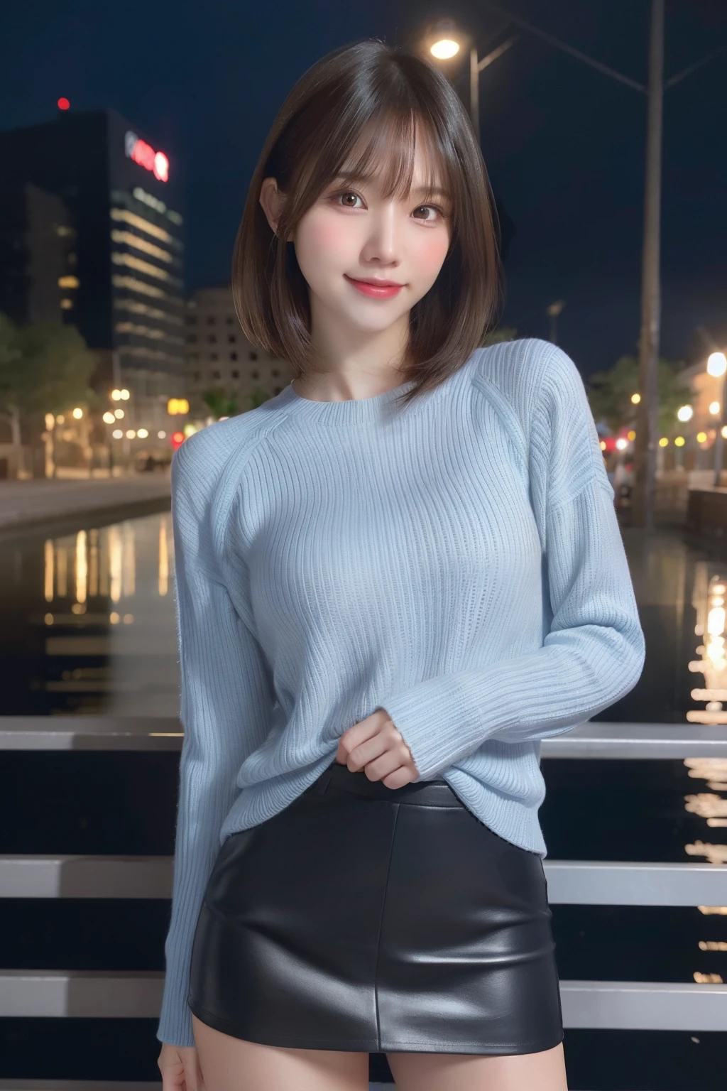 (Rou: 1.2), (Photorealistic: 1.4), (Best Quality: 1.4), Ultra High Resolution, (Detailed eyes), (detailed facial features), (Detailed clothing features), nffsw, 8K resolution, Solo Focus, Bangs, skin tightening, (Slender girl), Dreamy, (Ultra-fine illustration), landscape, No text, medium breasts⁩, Straight hair, Short hair, Dark hair, Dark eyes, One girl, Full body, a miniskirt, background night park, AngelT, light blue tight sweater, Cute, Sexy, (Smile)