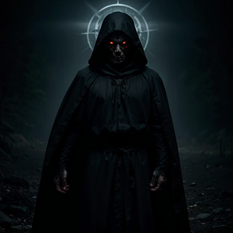 A zombie god wearing a black cloak with a dark aura