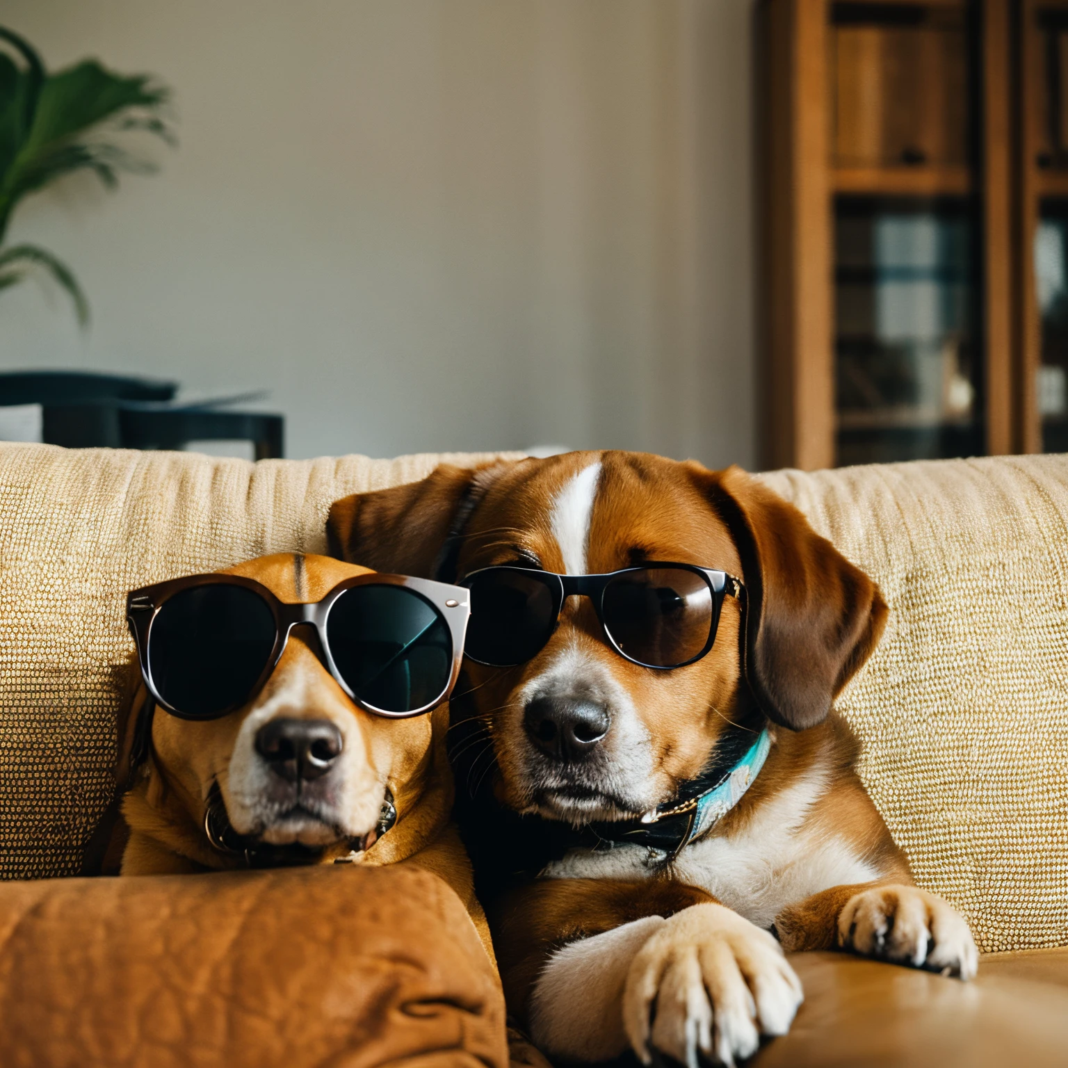 Intelligent dog sitting on a sofa wearing sunglasses