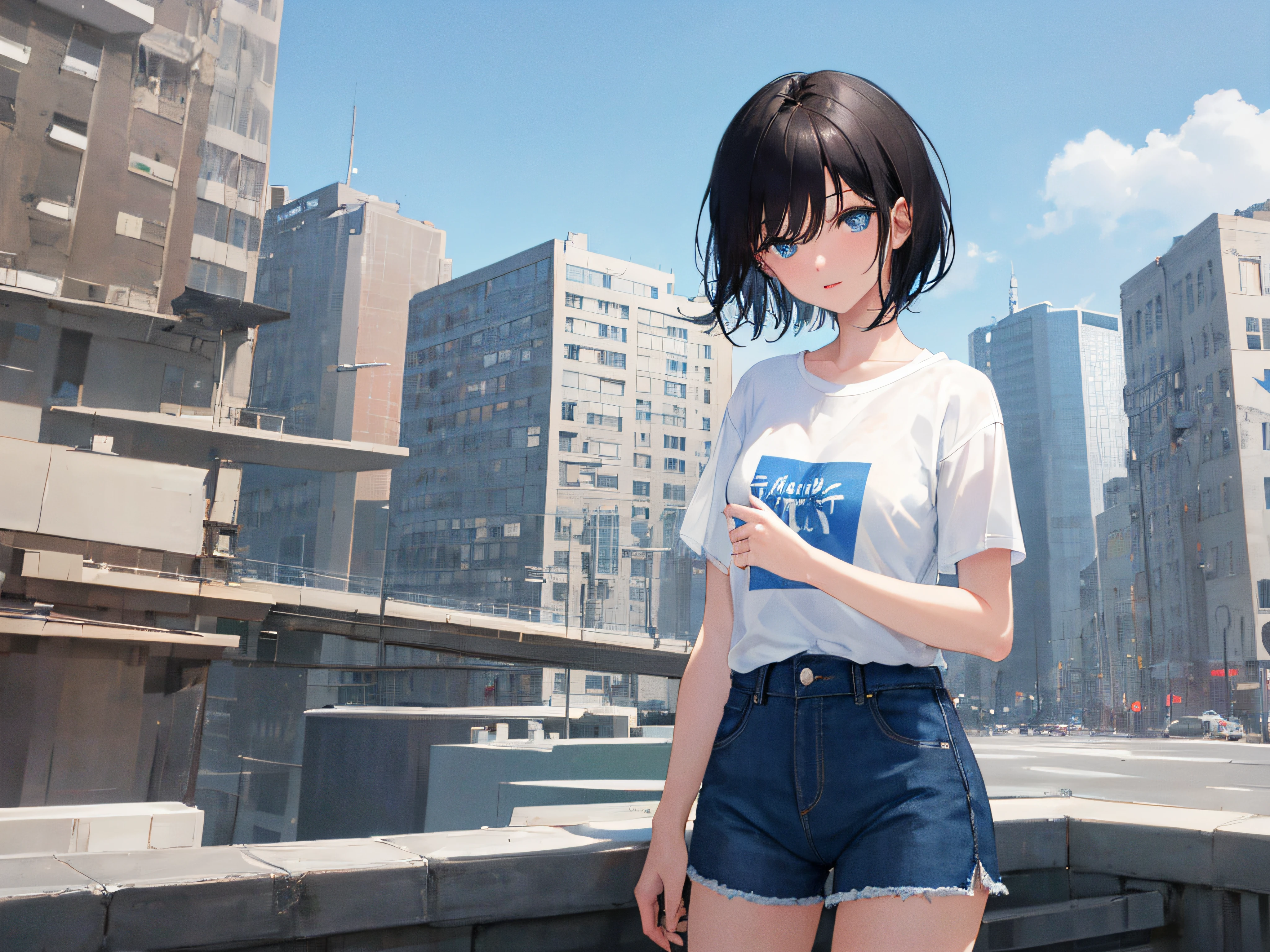 1girl, cabelo preto curto, olhos azuis, vestindo camisa branca lisa, denim shorts, cidade, absurdos, alta resolução, ultrasharp, 8k, master part, Olhando para o Viewer