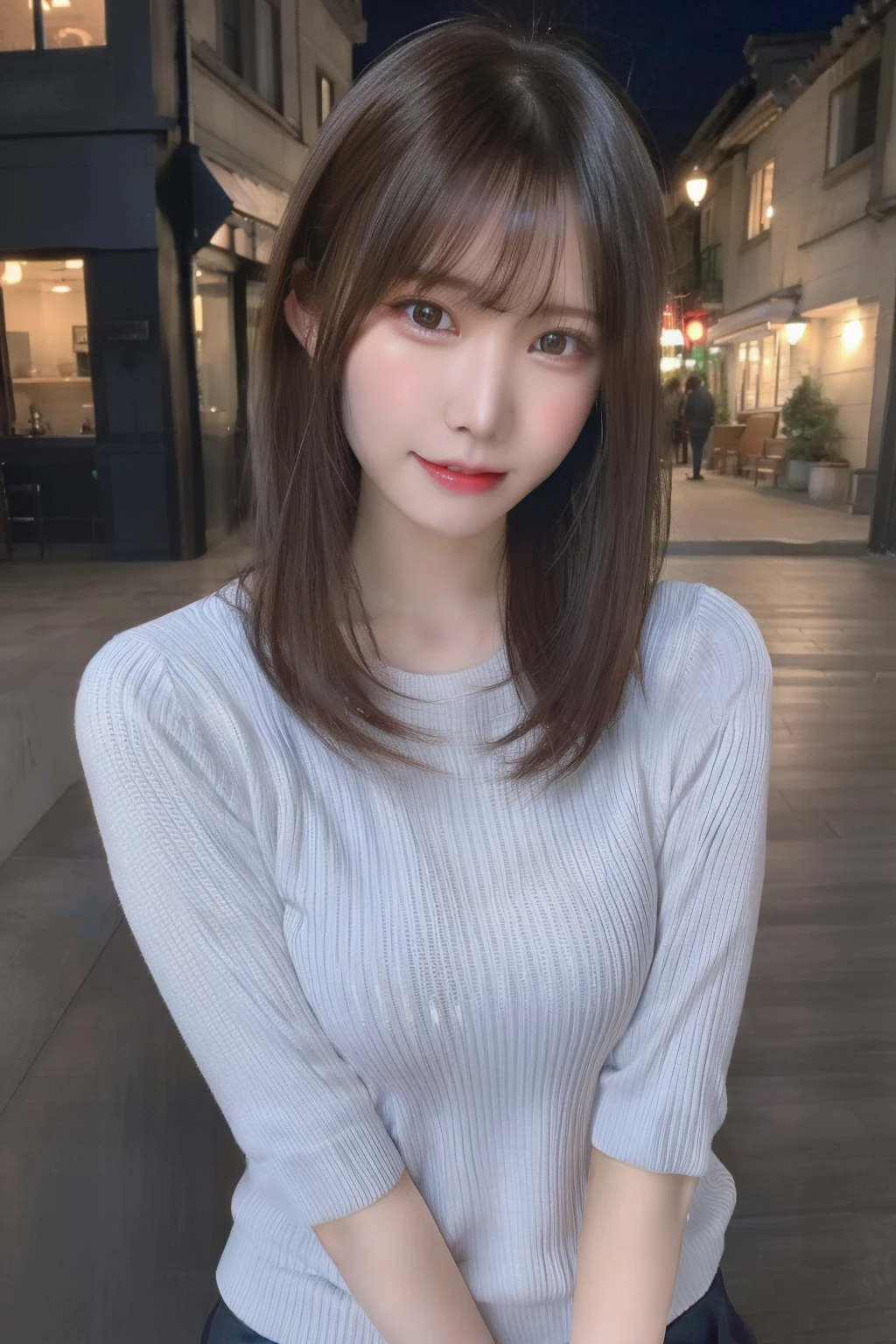 (Rou: 1.2), (Photorealistic: 1.4), (Best Quality: 1.4), Ultra High Resolution, (Detailed eyes), (detailed facial features), (Detailed clothing features), nffsw, 8K resolution, Solo Focus, Bangs, skin tightening, (Slender girl), Dreamy, (Ultra-fine illustration), landscape, No text, medium breasts, Straight hair, Short hair, Dark hair, Dark eyes, One girl, Full body, a miniskirt, background night park, AngelT, light blue tight sweater, Cute, Sexy, (Smile)