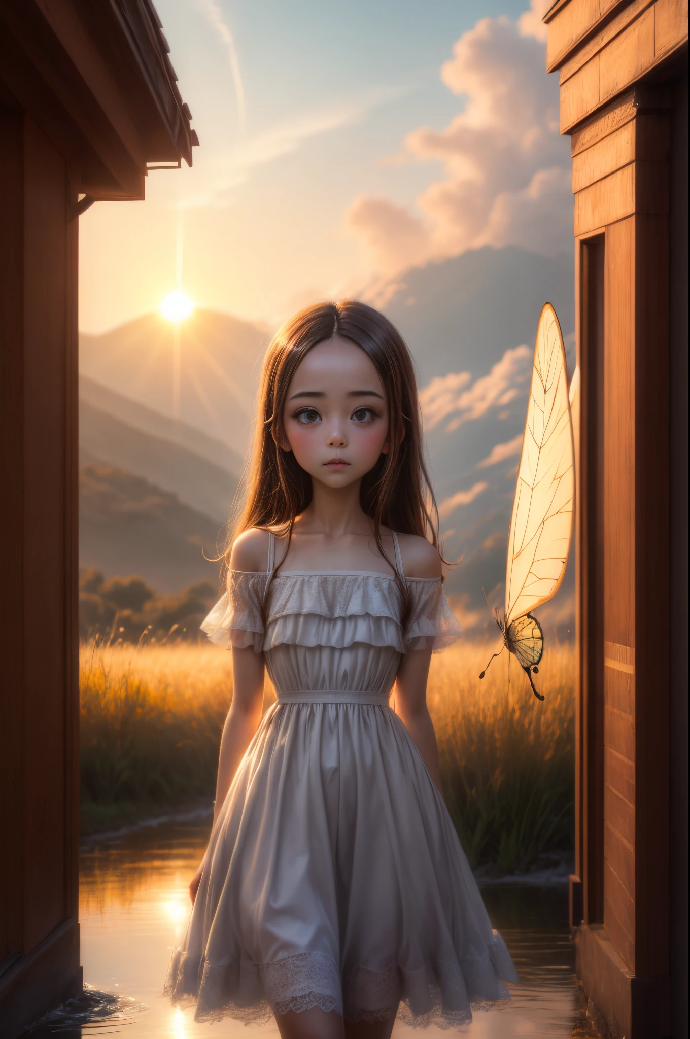 "((Innocent)) girl, golden hour, dreamy meadow, ethereal, whimsical, flowing dress, soft sunlight, enchanting, butterfly wings, (pastel clouds), liquid reflections