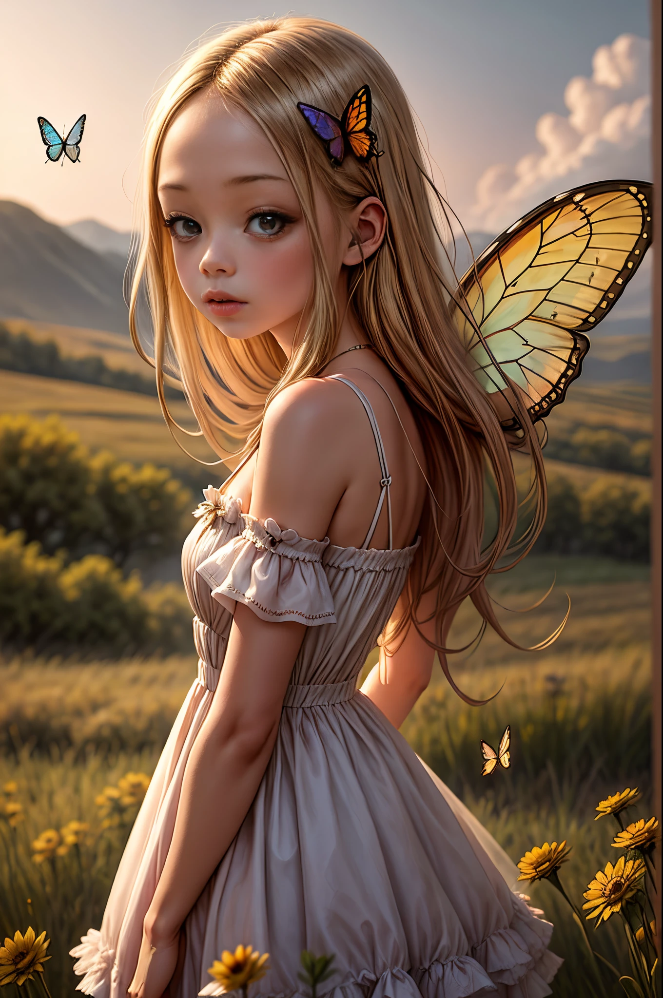 "((Innocent)) girl, golden hour, dreamy meadow, ethereal, whimsical, flowing dress, soft sunlight, enchanting, butterfly wings, (pastel clouds), liquid reflections