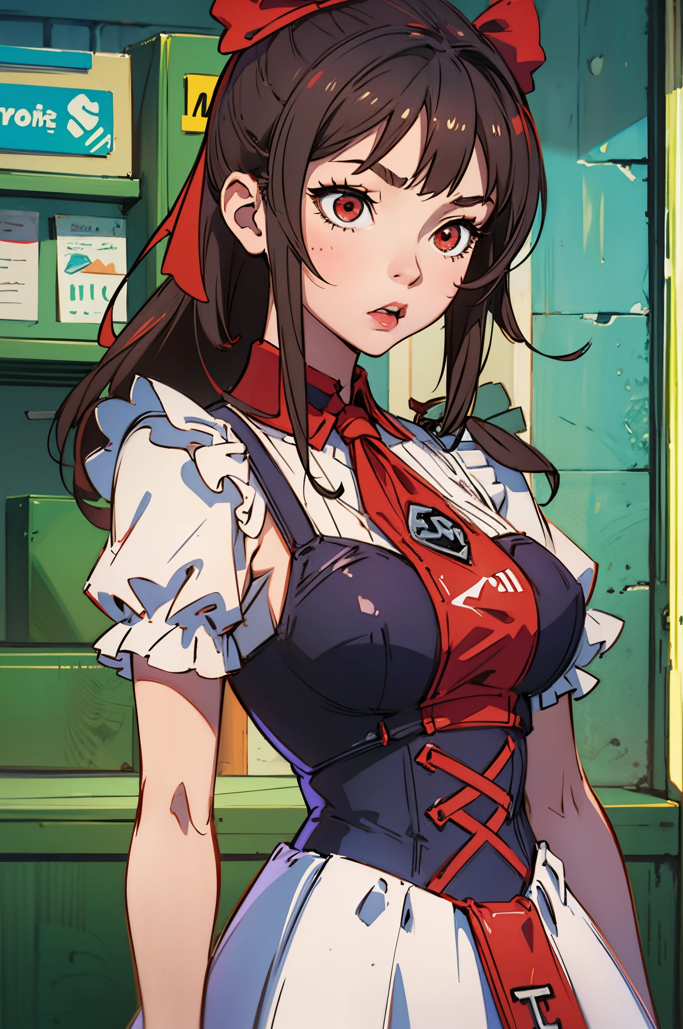 Anime woman with black hair, red highlights, red eyes, wearing a maid outfit, cafe background. --auto --s2
