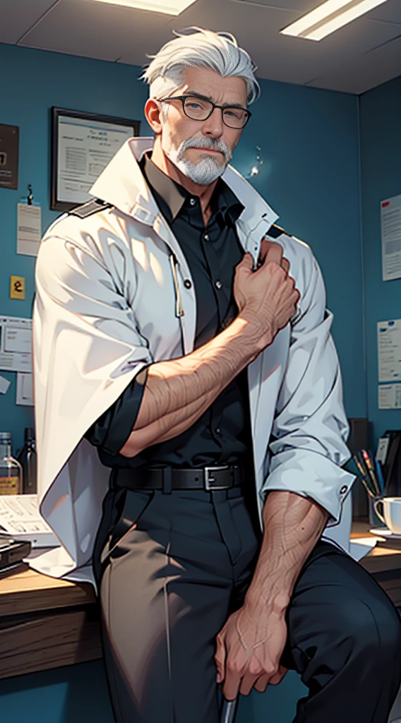 (masterpiece:1.2), (illustration), (best quality:1.2), (best aethetic:1.1), (beautiful art:1.2), (ultra-detailed:1.2), (8k), (HDR), (cinematic lighting), (wallpaper), (sharp focus), (intricate), man sit down on police office, 60 years old, wearing glasses, white hair, short cut hair, have mustache and beard, 175cm tall, used futuristic stick, wearing long cape, white aura all over his body, charismatic, horror