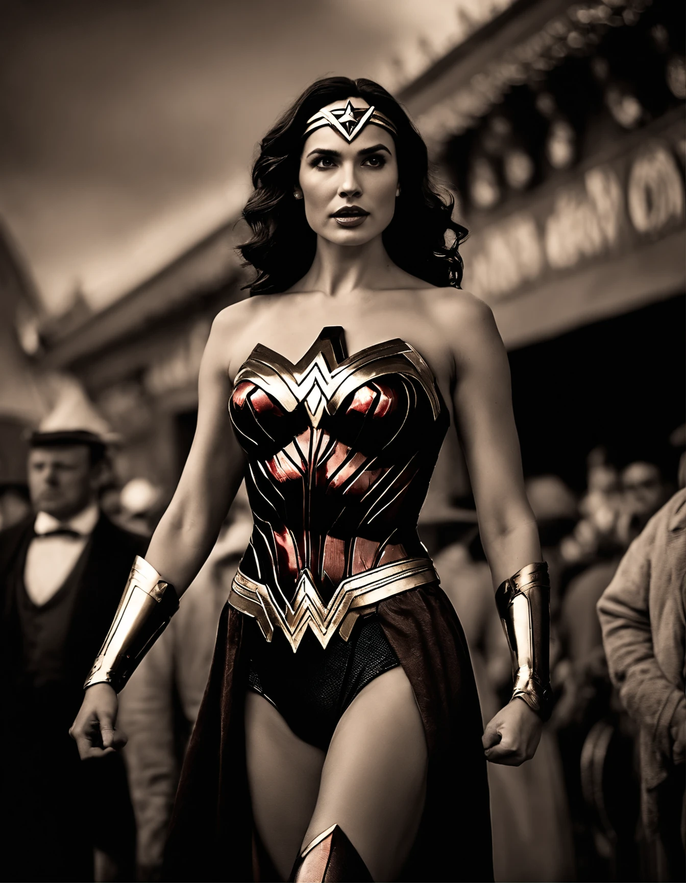 Documentary style, First appearance of Gal Gadot dressed as Wonder Woman at Paris World Fair 1889, Victorian Futurism daguerreotype, sepia tone, used and etched and grainy film, very detailed faces and features, style raw