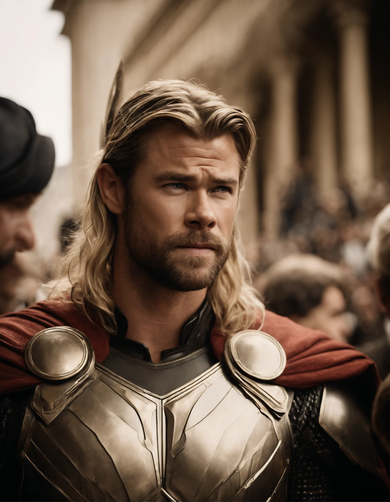 Paparazzi shot of Chris Hemsworth dressed as Thor God of Thunder at Paris World Fair 1889, Victorian Futurism daguerreotype, sepia tone, used and etched and grainy film, very detailed faces and features, style raw