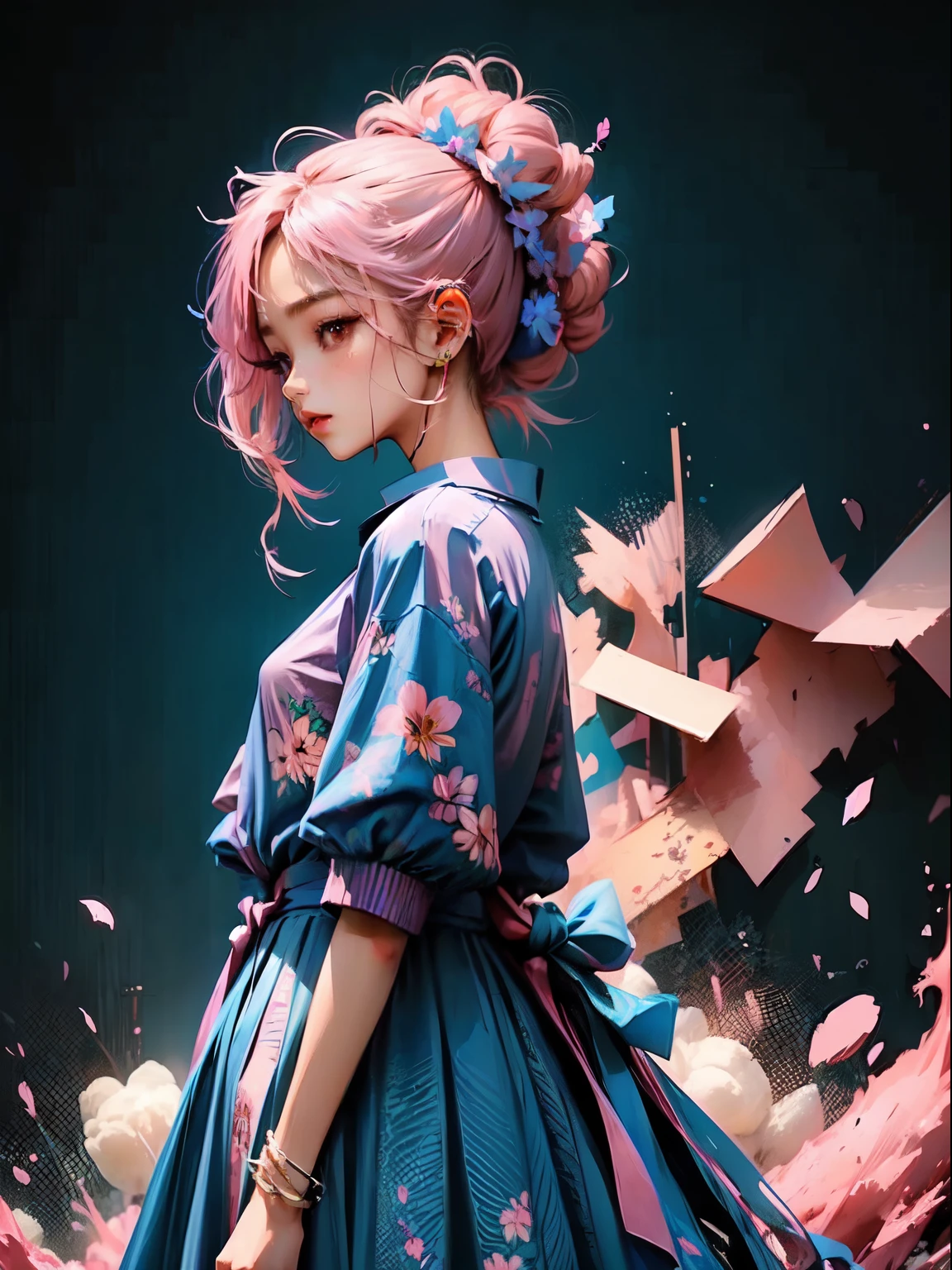kpop girl, kind, energetic, enthusiastic, pop culture, wears blue dress, wears 3flower on her hair( pink tied messy pointy long hai)r,