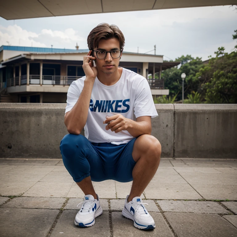 1.70metro,cabelos loiro,olhos azuis, homem, 19 anos, paisagem de cidade ,pose Fresh ,blue glasses, with an iPhone in hand, Nike sneakers,pele clara,