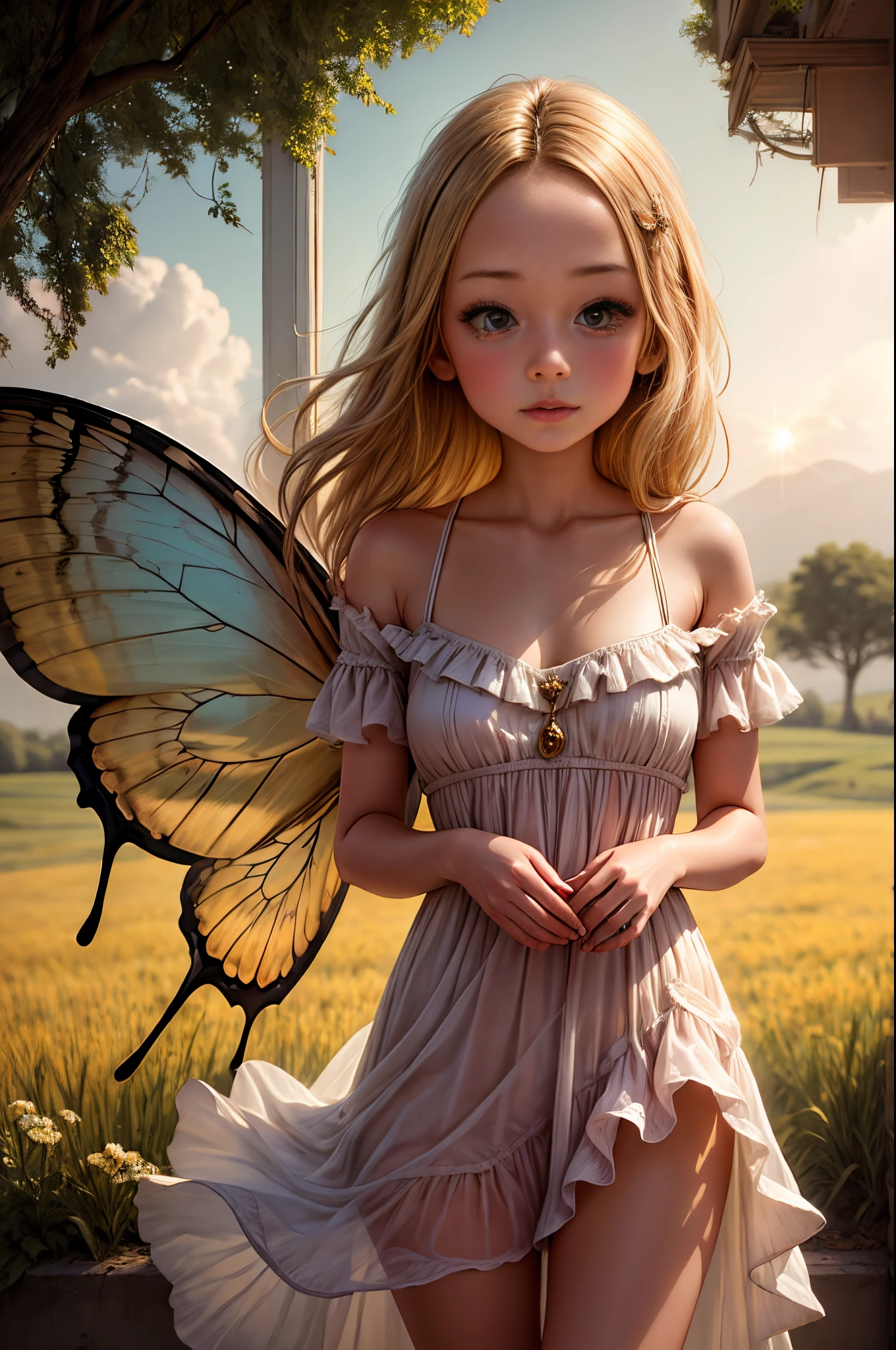 "((Innocent)) girl, golden hour, dreamy meadow, ethereal, whimsical, flowing dress, soft sunlight, enchanting, butterfly wings, (pastel clouds), liquid reflections