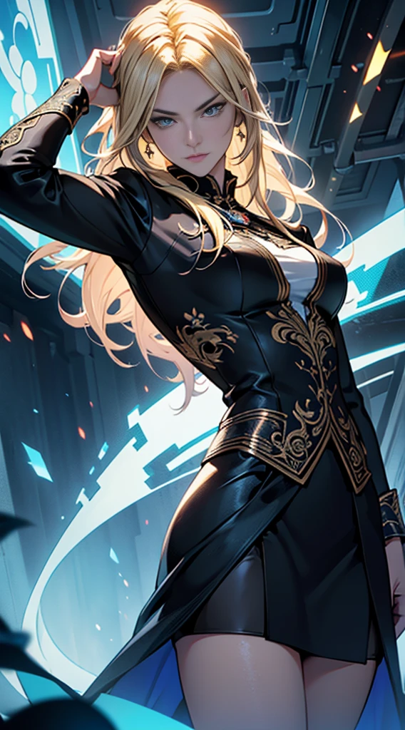 (masterpiece:1.2), (illustration), (best quality:1.2), (best aethetic:1.1), (beautiful art:1.2), (ultra-detailed:1.2), (8k), (HDR), (cinematic lighting), (wallpaper), (sharp focus), (intricate), woman pose using gun, 165cm tall, blonde hair, long hair, serious expresdion, half javanese, half netherland, wearing black suit and black skirt, pantyhouse, blue aura energy sparking, background windy sky blue, horror
