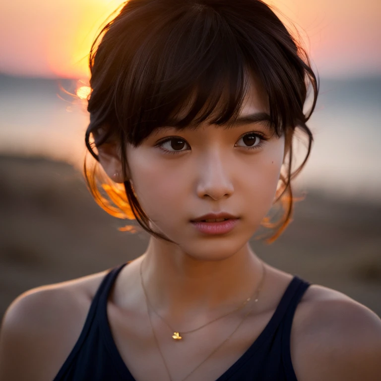 An ultra-high picture quality、Perfect Photo、18yo woman、Sunset、put out one's forehead、a short bob、A dark-haired、the wind、Plump lips、