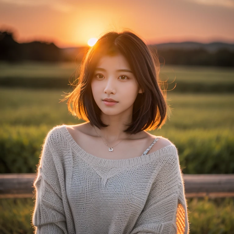 An ultra-high picture quality、Perfect Photo、18yo woman、Sunset、put out one's forehead、a short bob、A dark-haired、the wind、Plump lips、
