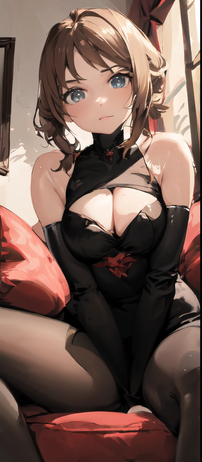 1 woman, , /(Brown hair/) By bangs, Be red in the face, (Masterpiece of the best quality:1.2) Exquisite illustrations and super detailed, pantyhose broken /(Modern house living room/) Indoors, (((small))), (((sitting on a cushion))), (((closeup cleavage))), (((nabel))), (((crotch))), (((Below)))
