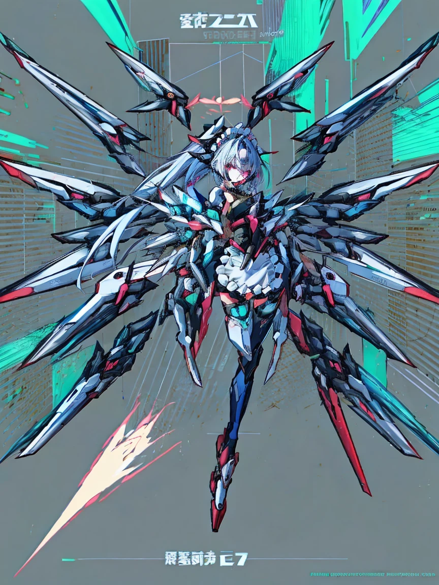 top-quality、ighly detailed、​masterpiece、ultra-detailliert、illustratio、((1girl in))、silber hair、length hair、Floating hair、、Cyber City、Neon building、(The upper part of the body:1.05)、extremely_Detailed_Eyes_And_Face,cybernetic wings mechanical wings、Random posture、Skyscraper、、Mechumusume、shrine maiden clothe,maid clothes、Random angles、anime styled,cowboy  shot