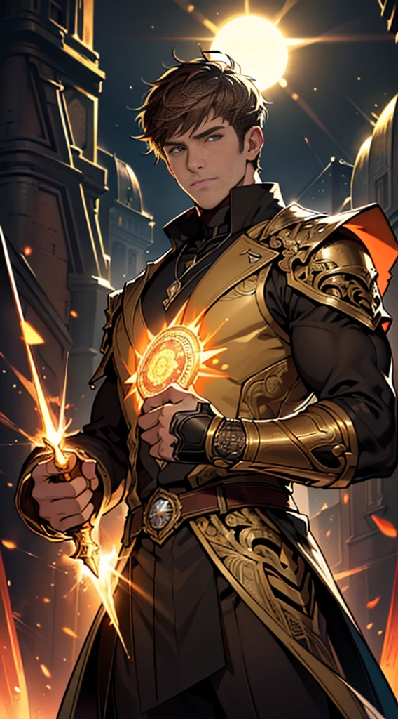 (masterpiece:1.2), (illustration), (best quality:1.2), (best aethetic:1.1), (beautiful art:1.2), (ultra-detailed:1.2), (8k), (HDR), (cinematic lighting), (wallpaper), (sharp focus), (intricate), man wearing big gauntlet, 175cm tall, brown hair colours, short hair cut, wearing black suit, sun energy, yellow aura sparks all over his body, background big sun shinning brightly, horror