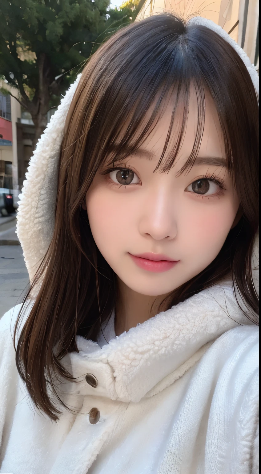 masutepiece, Best Quality, Illustration, Ultra-detailed, finely detail, hight resolution, 8K Wallpaper, Perfect dynamic composition, Beautiful detailed eyes, black fluffy warm winter clothes,Medium Hair,Small breasts natural color lip, Gravure Pose、20 years girl、Take a photo of just your face directly in front of the camera,Raw photo