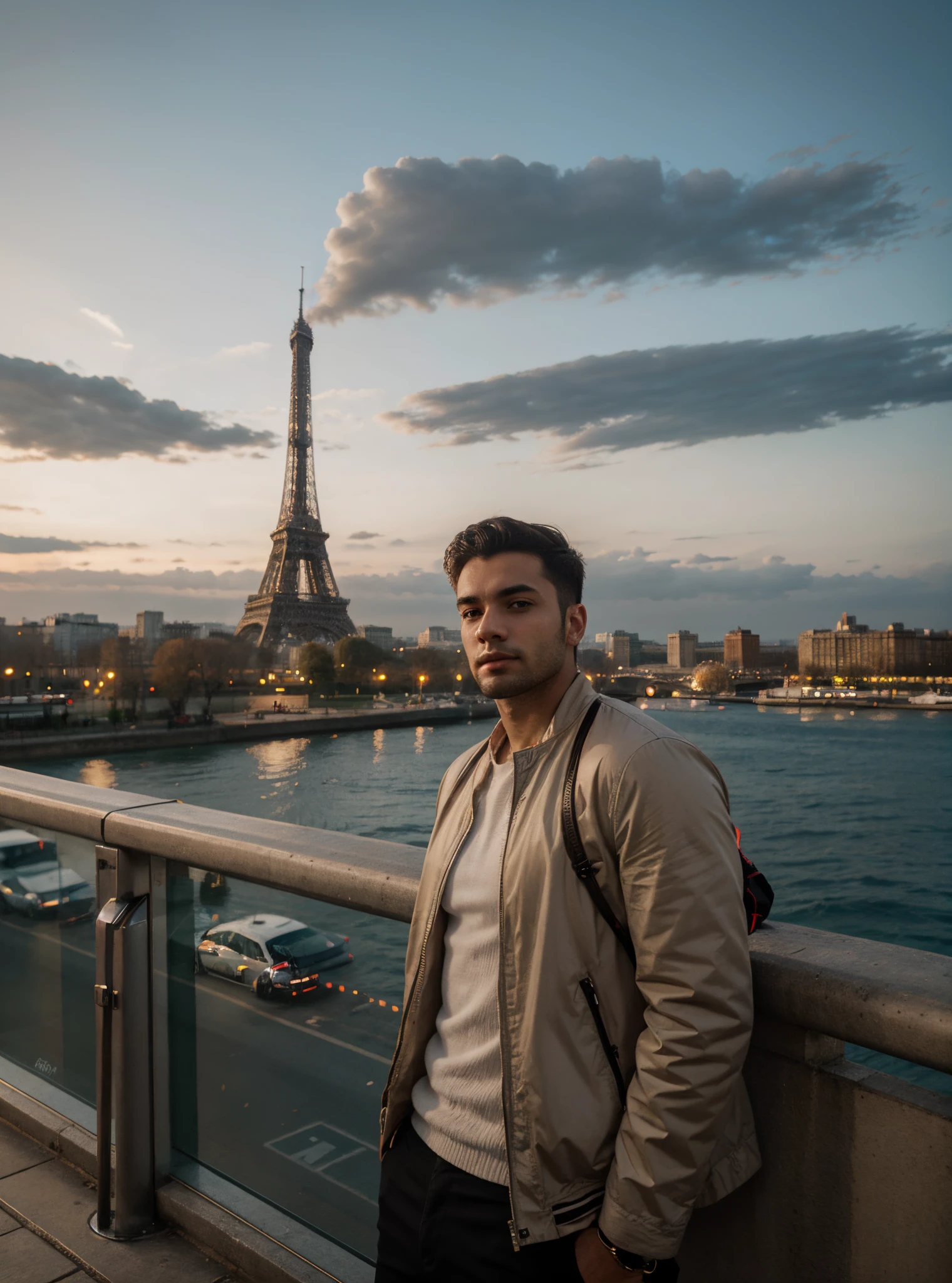 DIV, a young aesthetic handsome man with sharp facial features and light beard, pale skin, leaning on a railing with eifel tower in background detailed and sharp image quality, ultra realistic, 8k, ultra realistic background, subtle lighting,