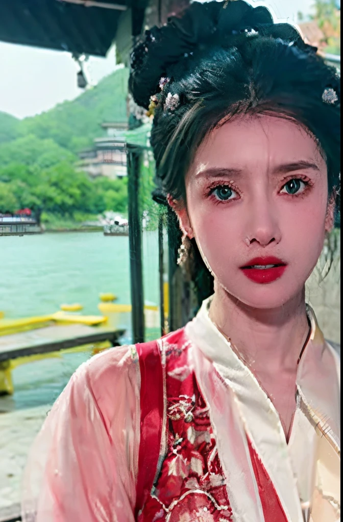 The highest image quality, tmasterpiece, super tall:1.4), Number of photos, 1 girl in,Highly Detailed Face and Skin Textur, 詳細な目, photorealistic eye, beautiful detailed eyes, (Realistic skin), Attractive, Ultra-high sharpness, hyper realisitc, Very meticulous, the golden ratio, (sweatshirts, water leakage, hori&#39;hori&#39;It's too dark, be desperate, compassionate, Poor, 电影灯光, watery big eyes, watery big eyes, (Torn clothes: 1.5), ((wetclothes: 1.4)), bshoulder, True rain, Wet hair, ((Korea, of the whole body))