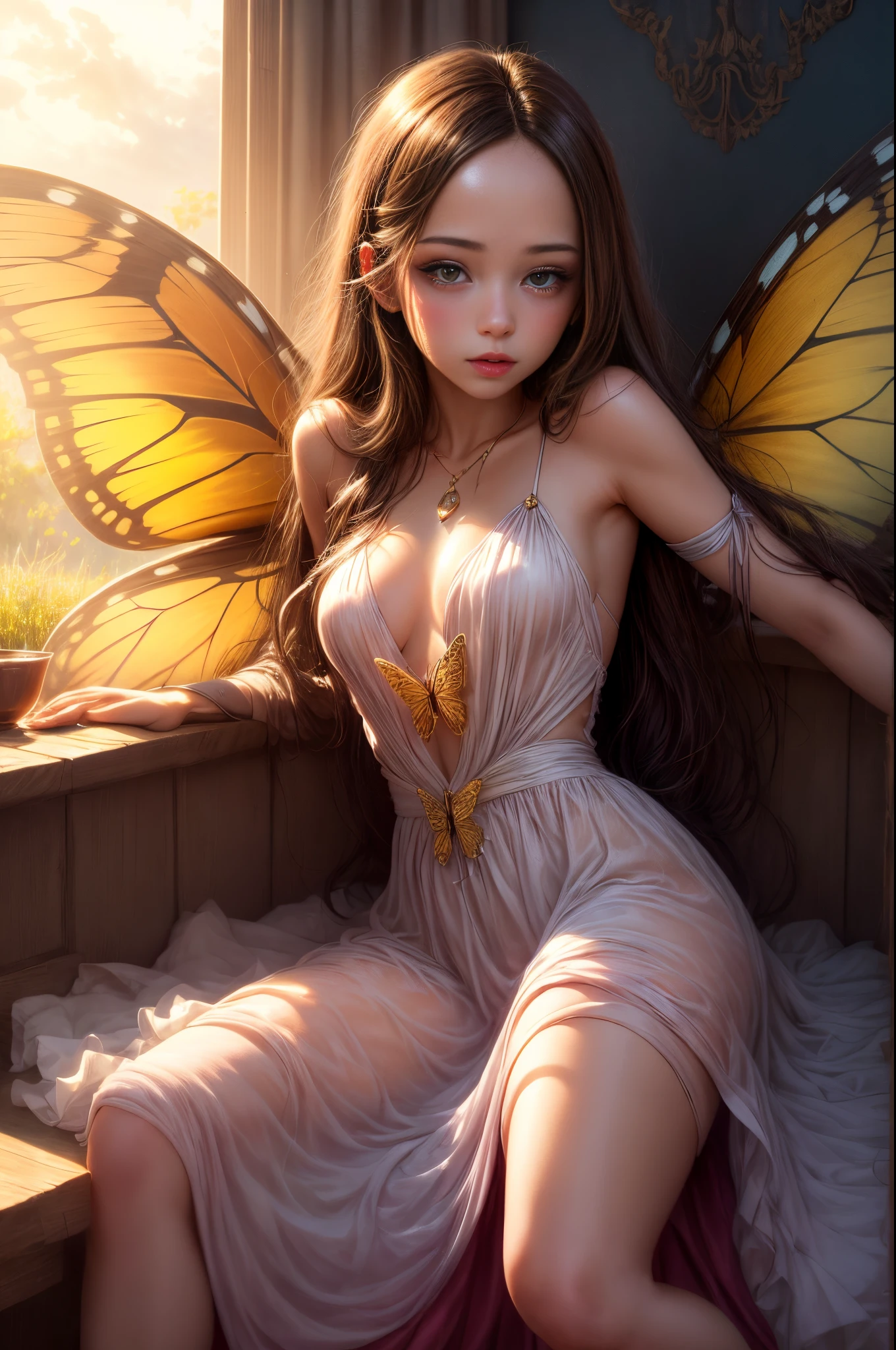 "((Innocent)) girl, golden hour, dreamy meadow, ethereal, whimsical, flowing dress, soft sunlight, enchanting, butterfly wings, (pastel clouds), liquid reflections