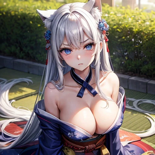 top-quality、hight resolution、she looks so big, Beautiful, perfectly round chest.、very thin eyebrows、made up eyelashes、Angry look、Young face、a junior high school student、Russian、girl with very big bust、clear cleavage、length hair、Silvery hair、Beautiful toned breasts、very small nipples、独奏、blue eyess、slenderbody、wears kimono very loosely、Kamimei、Looking here、sleepy eyes、I can see my stomach、Angle from above