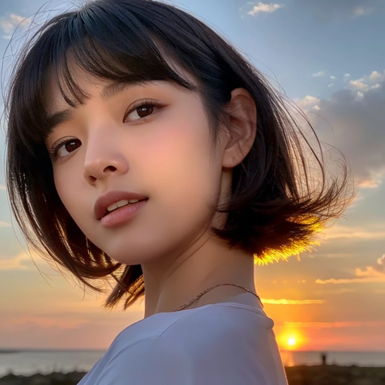 An ultra-high picture quality、Perfect Photo、18yo woman、Sunset、put out one's forehead、a short bob、A dark-haired、the wind、Plump lips、large mouth、