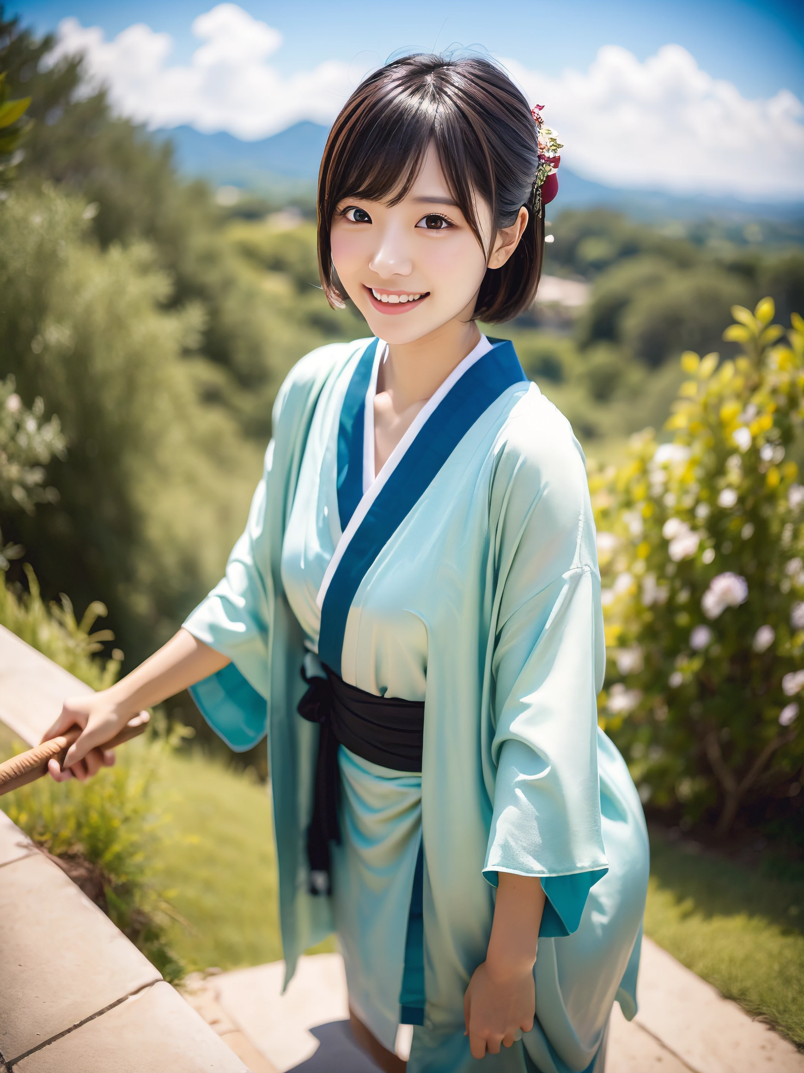 create something extremely realistic, Picture-like images, Japan full body shot of a woman. She has a short haircut with very light hair color。, What is clearly noticeable is. her face is small, and Large, 二重まぶた, In addition to her unique appearance. She has a slender physique. she is wearing a traditional kimono, The chest area is slightly open, Subtly revealing her modest figure. A girl riding a broom is depicted, soaring through the sky. The image captures a stunning view from above, Introducing the breathtaking scenery below. Pay attention to the bright contrast with the bright hair.。, her detailed facial features, Dynamic scene of flying on a broom, Against a backdrop of stunning scenery.