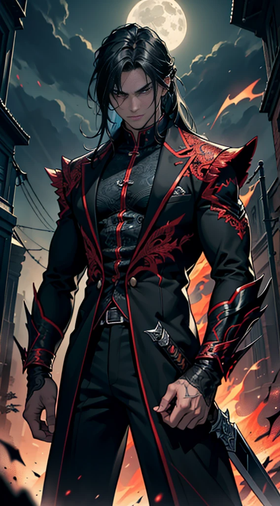 (masterpiece:1.2), (illustration), (best quality:1.2), (best aethetic:1.1), (beautiful art:1.2), (ultra-detailed:1.2), (8k), (HDR), (cinematic lighting), (wallpaper), (sharp focus), (intricate), man holding down black sword in front of him, 170cm tall, black hair colours, long hair tied, wearing black suit, wearing rings on all his fingers, black and red energy sparks all over his body and became demon shadow behind him, background night full moon, horror