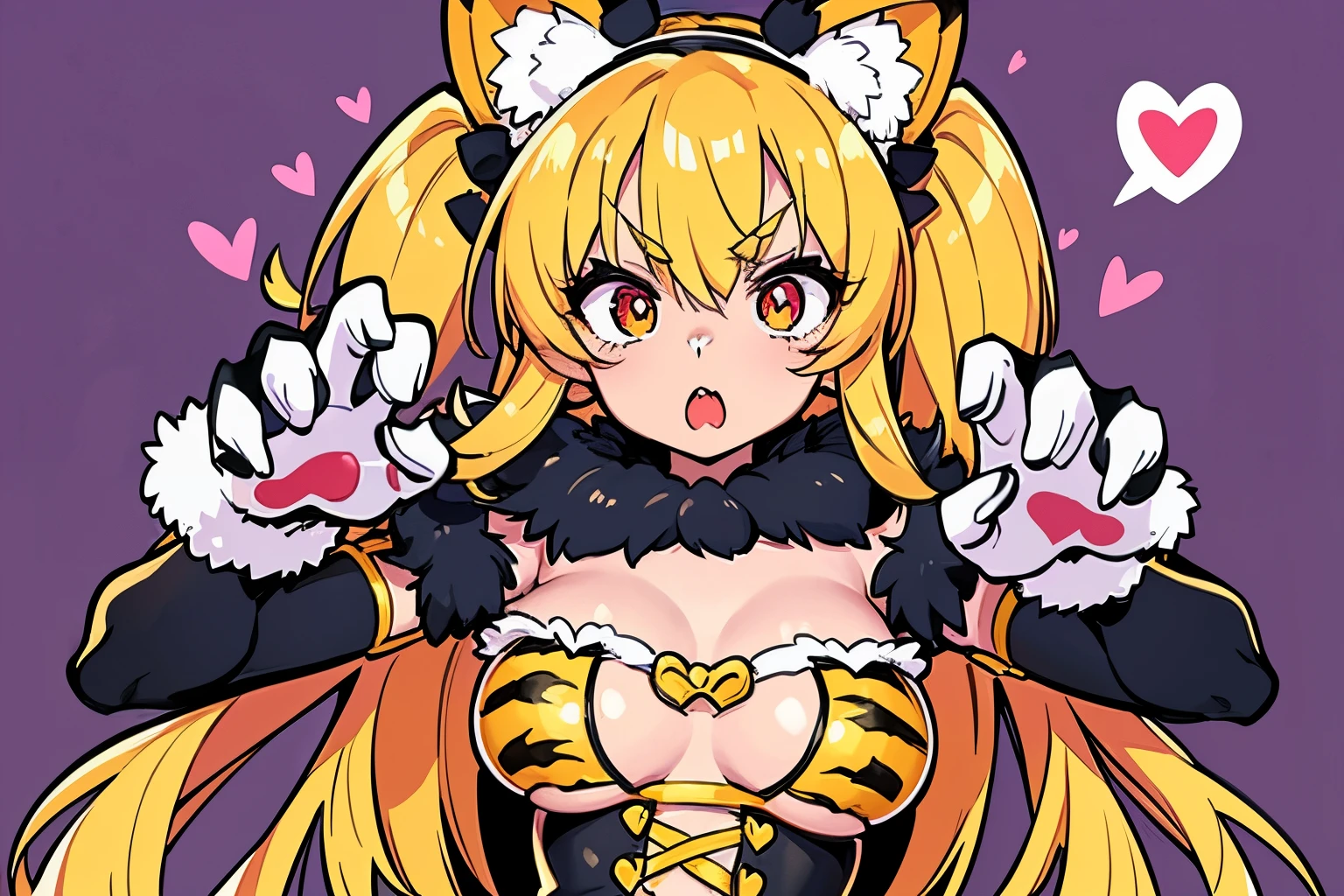 rameters girl wearing a fluffy tiger costume, tiger’s paw gloves, pose pose, threatening, v-shaped eyebrows, open mouth,., cute, upper body, spoken heart, heart back ground, The background is a simple white wall,.(cute illustration:1.2), high-resolution, ultra-detailed, best quality,