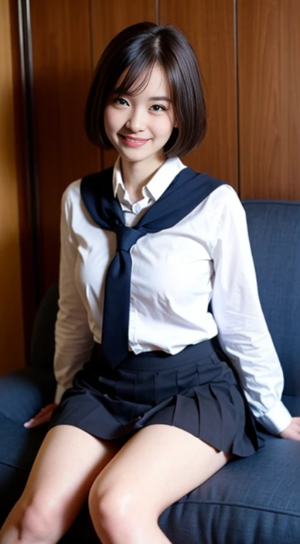 ((School uniform, White button shirt, Dark blue skirt、no-makeup、Sit on the sofa))、(realisitic、Photorealsitic、ultra-detailliert、Highest Details Skins、top-quality、​masterpiece、超A high resolution)、Cute Japan Woman、17 age、hi-school girl、younggirl、1 girl in、I have bangs、二重まぶた、drooing eyes、Large black eyes、Japanese style face、ssmile、Charming、purity、Cute smile、double tooth、View here、Realistic skin type、simple background、thighs thighs thighs thighs、Shorthair