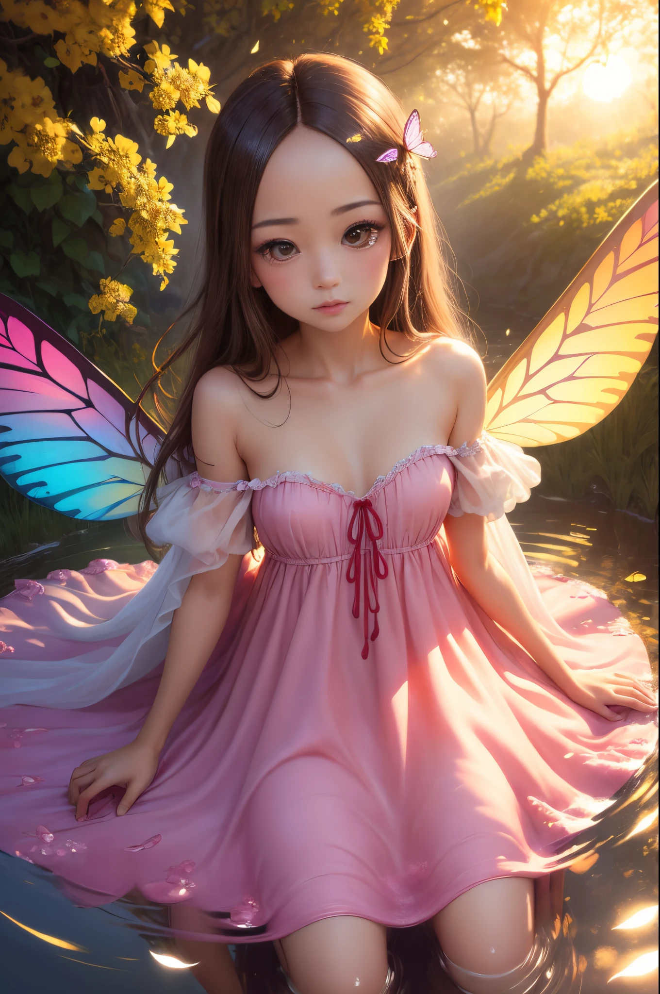 "((Innocent)) takagisan, golden hour, dreamy meadow, ethereal, whimsical, flowing dress, soft sunlight, enchanting, butterfly wings, (pastel clouds), liquid reflections