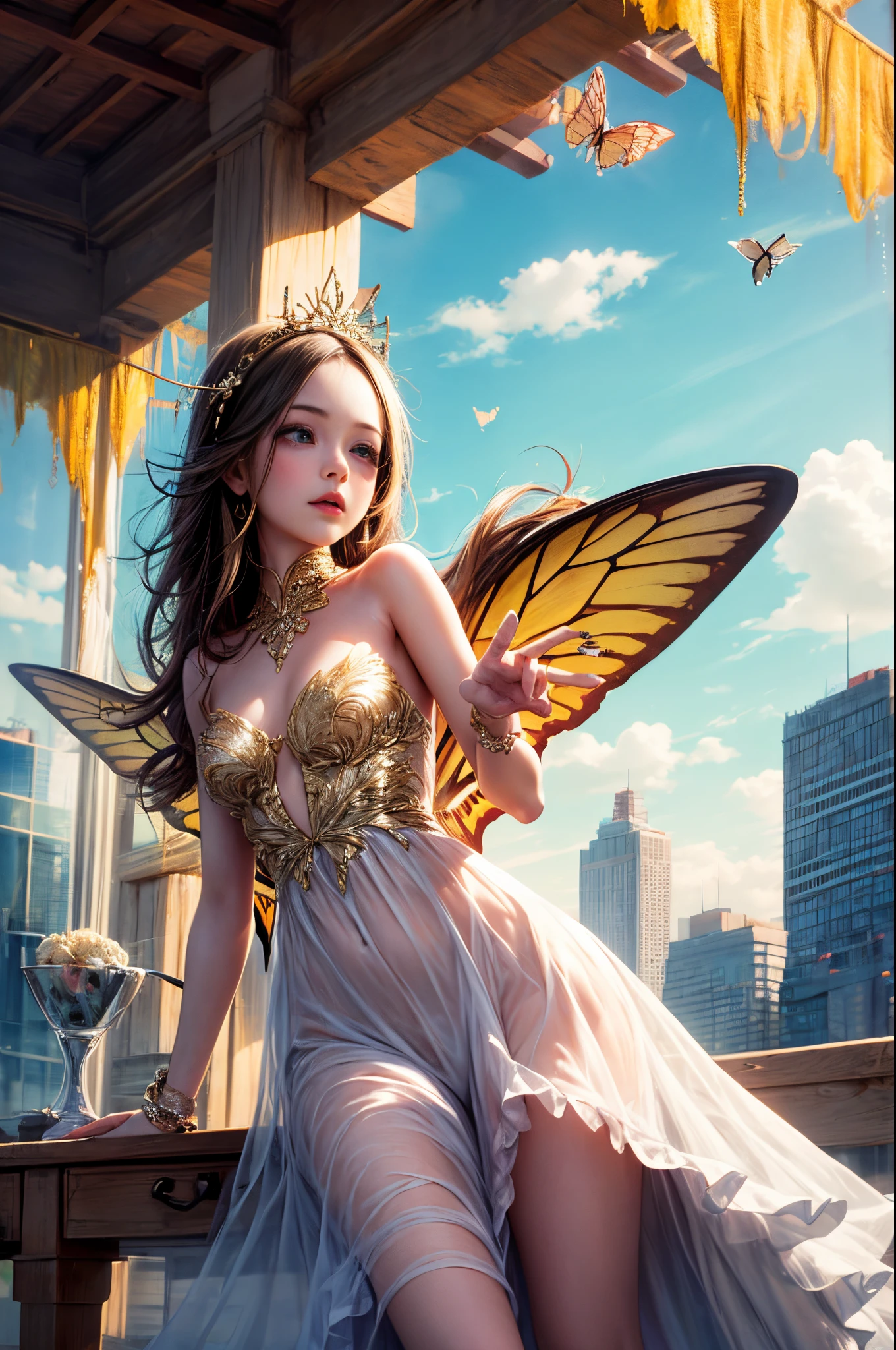 "((Innocent)) girl, golden hour, dreamy meadow, ethereal, whimsical, flowing dress, soft sunlight, enchanting, butterfly wings, (pastel clouds), liquid reflections