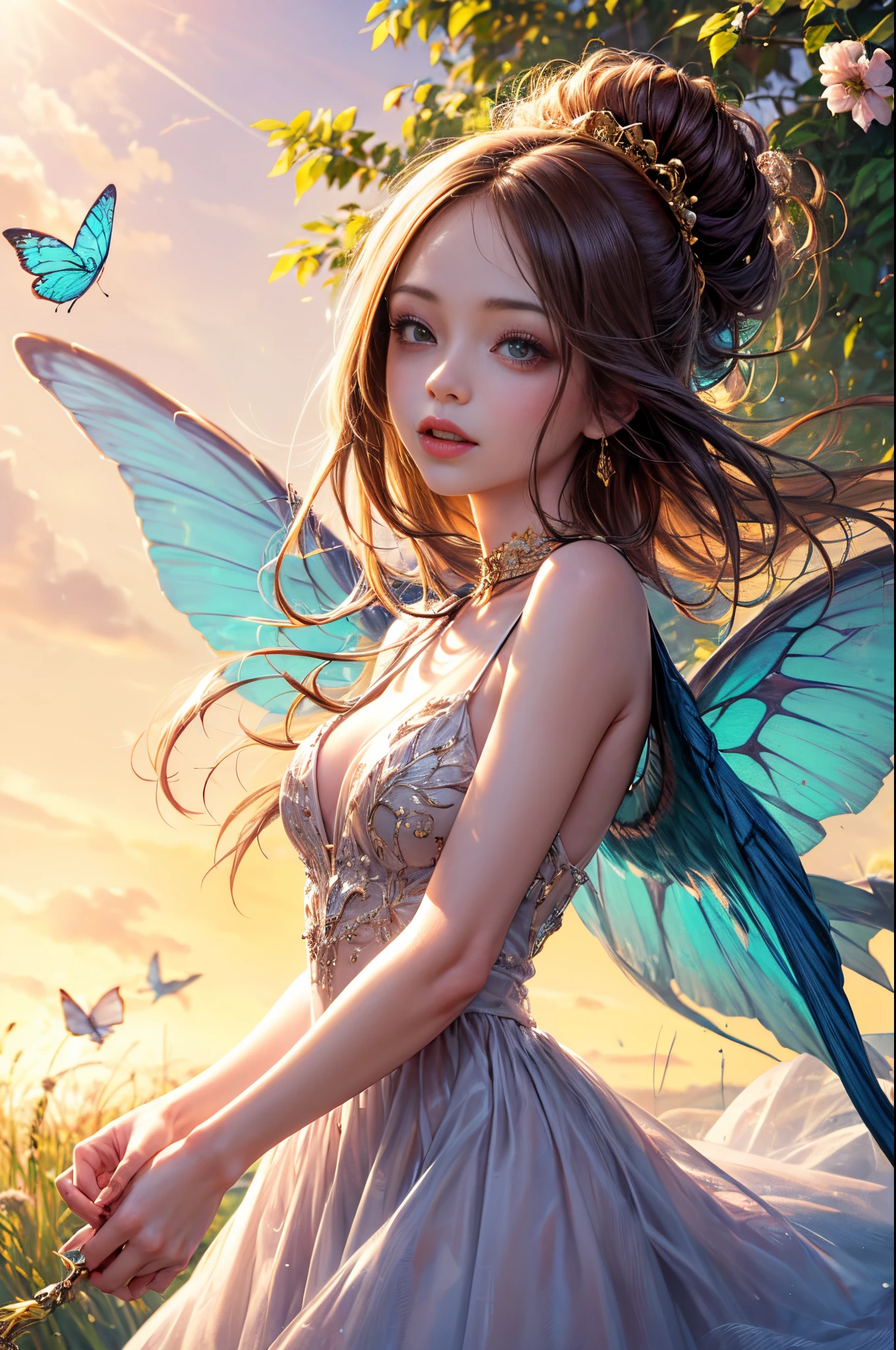 "((Innocent)) girl, golden hour, dreamy meadow, ethereal, whimsical, flowing dress, soft sunlight, enchanting, butterfly wings, (pastel clouds), liquid reflections