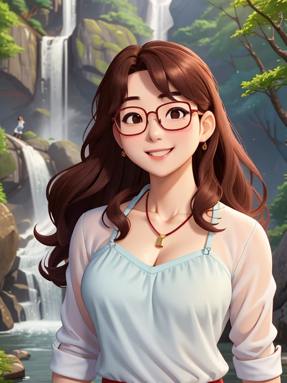 attractive korean woman, ripped muscle, muscular body, small breast, pale skin, smile(blush), sundress, glasses, thin necklace, sixpack abs, [ultra detailed skin:1.2], brown hair, long curly hair, 8k uhd, full body, crowd, public, forest, waterfall, standing,